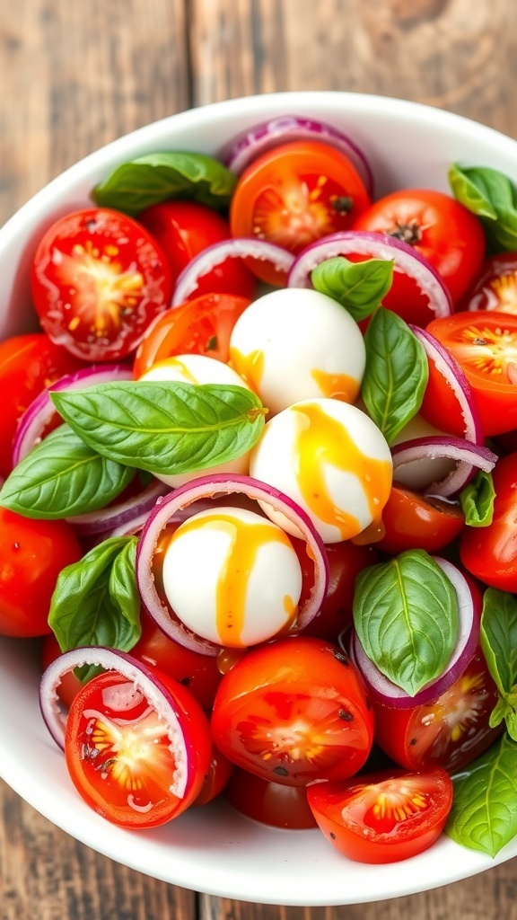 A fresh tomato salad with diced tomatoes, basil, red onion, and mozzarella, drizzled with olive oil and balsamic dressing on a wooden table.